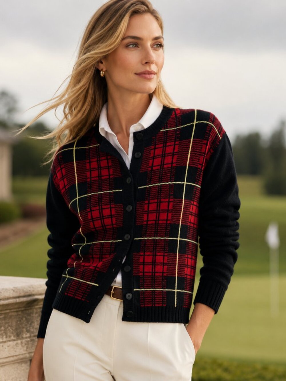Vintage EP Pro Chenille Knit Cardigan Plaid Golf size M Preppy Retro Classic